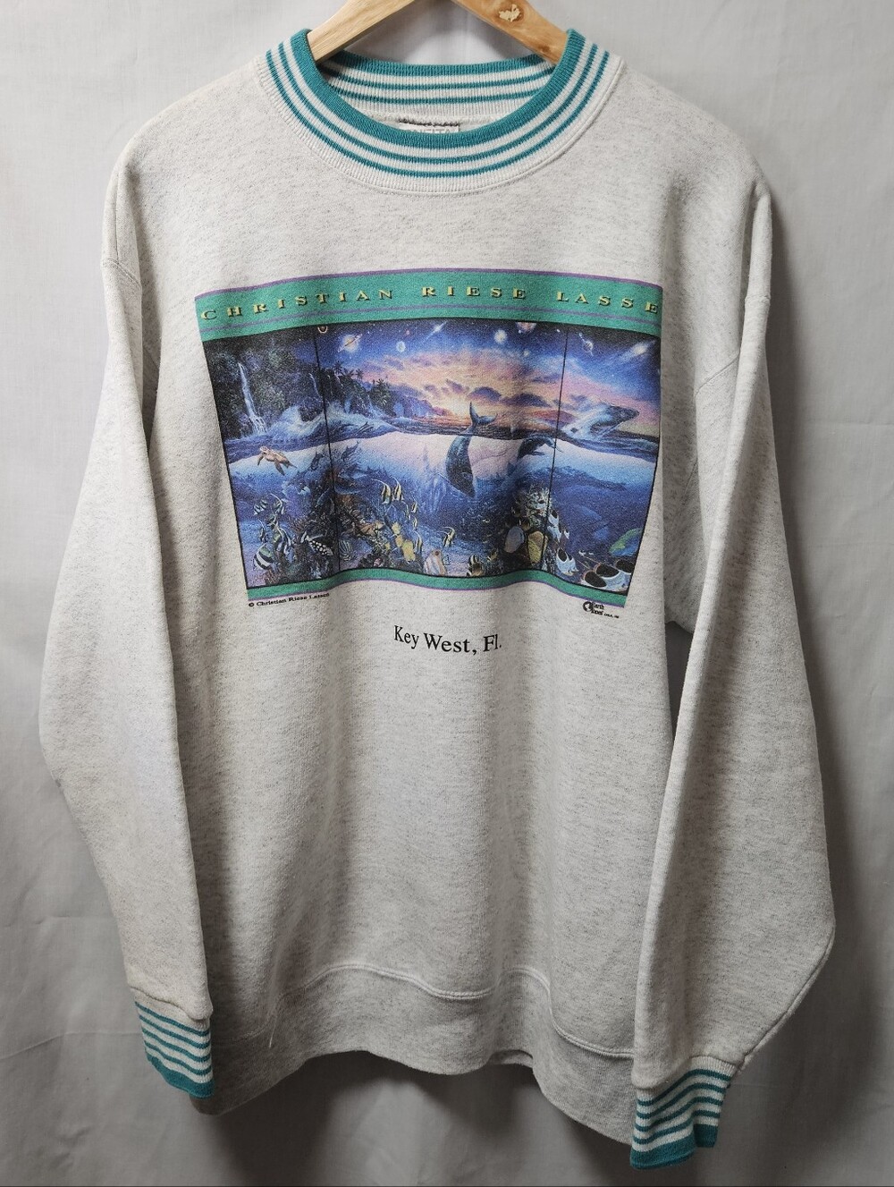 90' Vtg Oneita Gray Graphic Crewneck Sweater - Key West FL Size Large